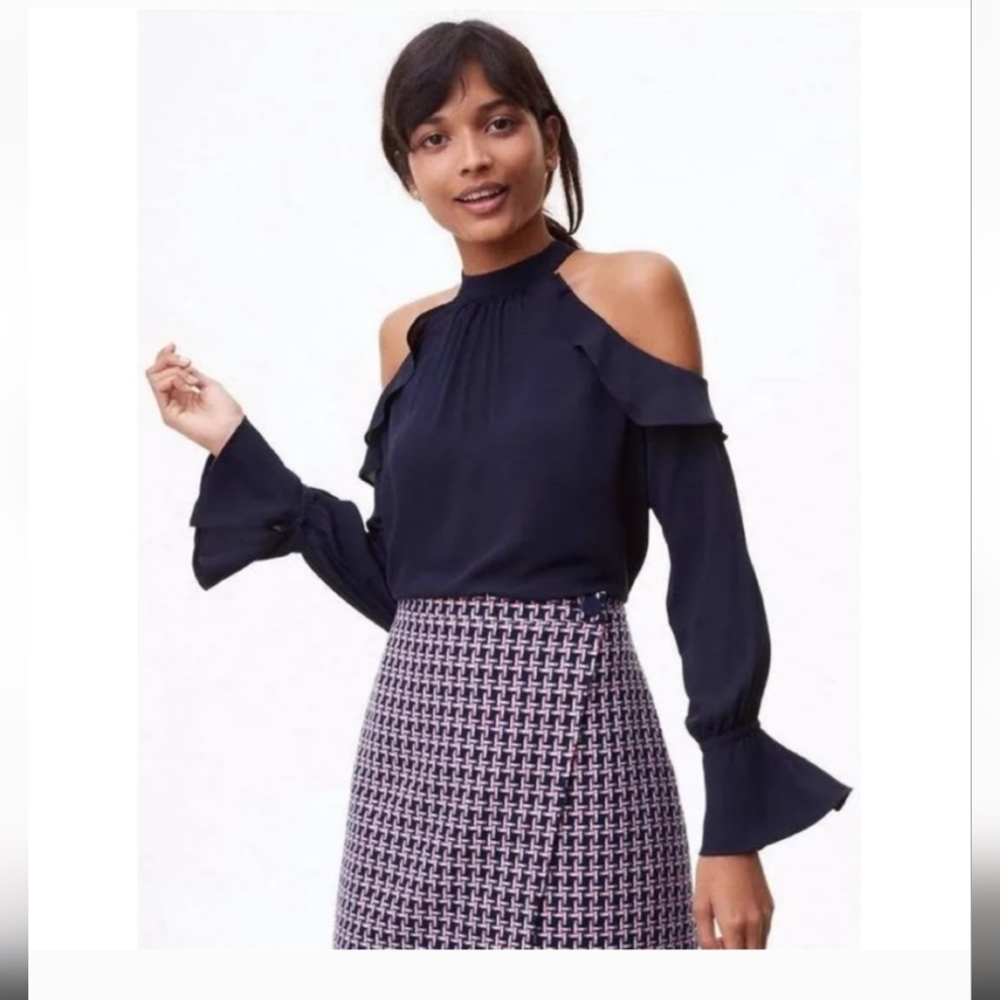 Loft Navy Cold Shoulder Ruffle Blouse Size small